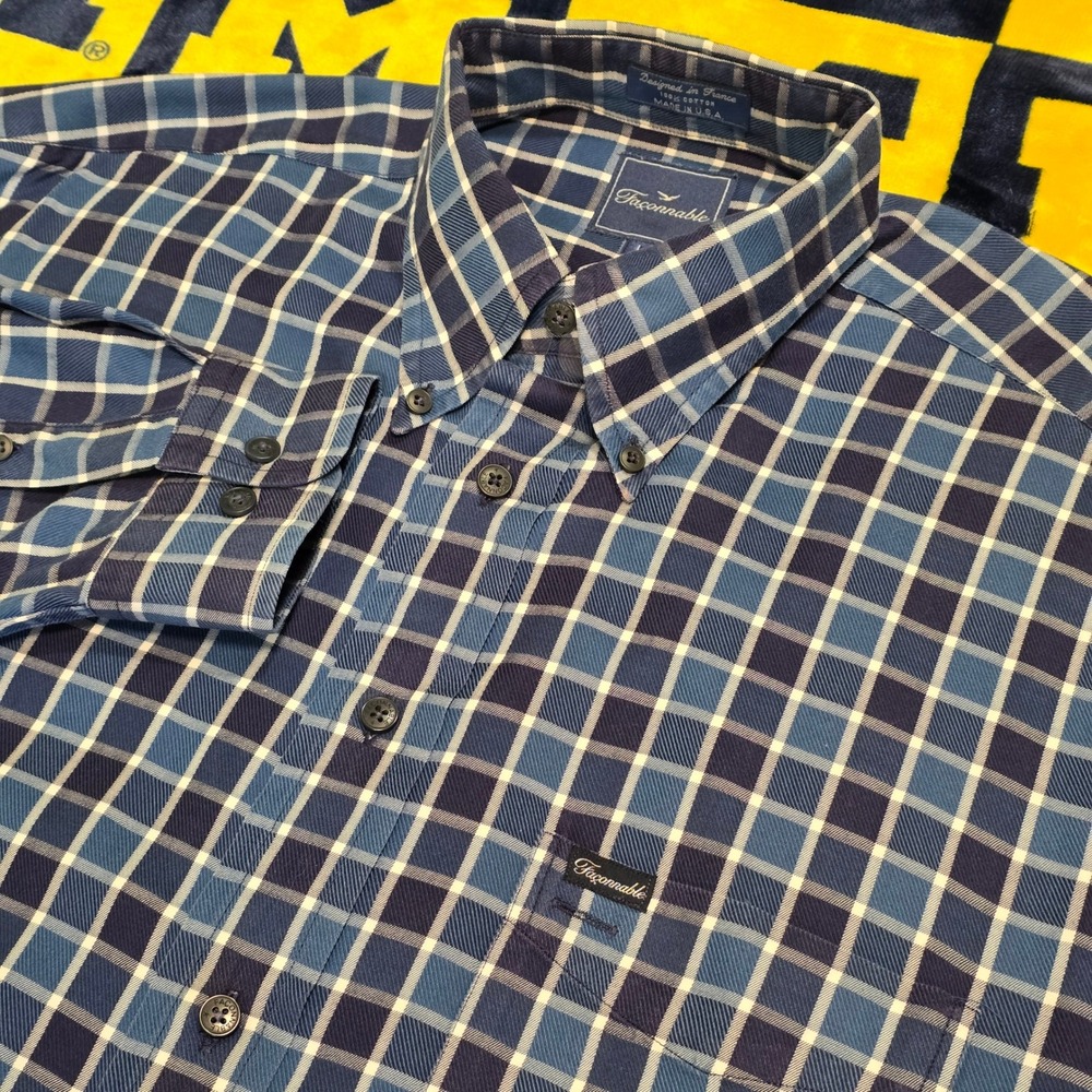 Vintage Faconnable Mens Blue Plaid Cotton Button Down Shirt Made in USA Large
